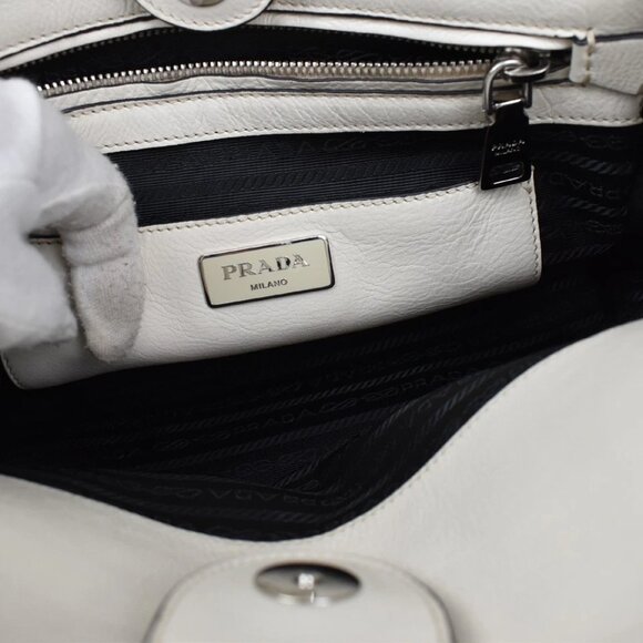 PRADA Logo 2Way Shoulder Hand Bag Glace Calf Leather White Talco 428-082525 - Picture 13 of 16